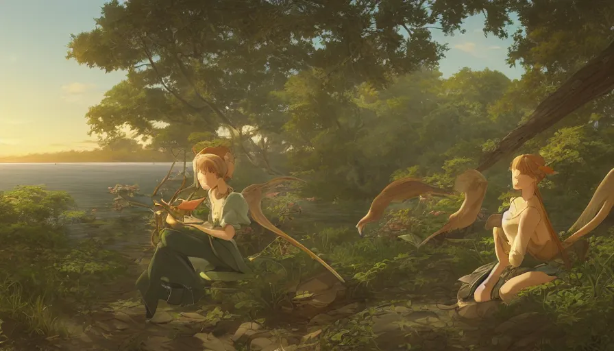 Image similar to john james audubon, serene evening atmosphere, soft lens, soft light, cel - shading, animation, in the style of cgsociety, deviantart, artstation, zbrush, cinema 4 d, studio ghibli, akihiko yoshida, atelier lulua, masamune shirow