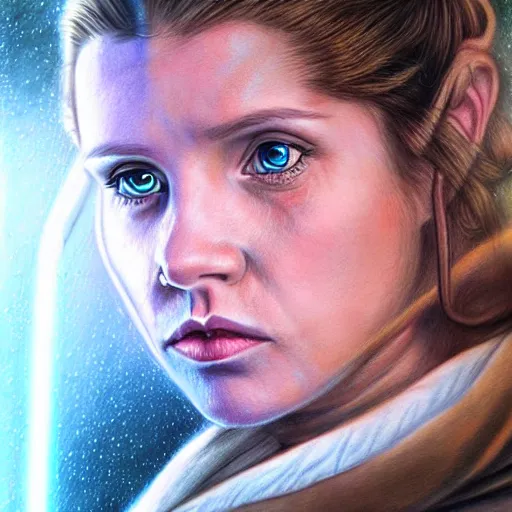 Image similar to hyper realistic drawing of Leia Skywalker, intricate detail, portrait, star wars, the force, space, princess by anna dittmann