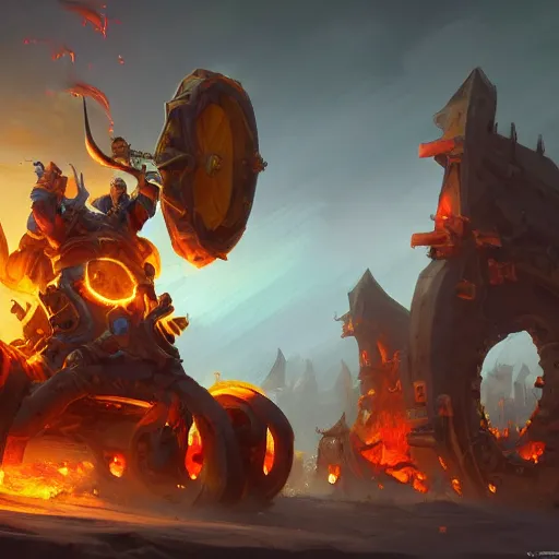 Prompt: a fiery catapult cart wheels chariots, yellow battlefield theme, bright art masterpiece artstation. 8 k, sharp high quality artwork in style of jose daniel cabrera pena and greg rutkowski, concept art by tooth wu, blizzard warcraft artwork, hearthstone card game artwork, cart wheels