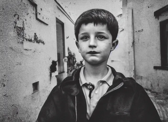 Image similar to professional fine detailed photo portrait of young vladimir zelenskiy from makhachkala, dagestan. kid vladimir zelenskiy in the postsoviet suburbia, iphone photo, instagram, black and white