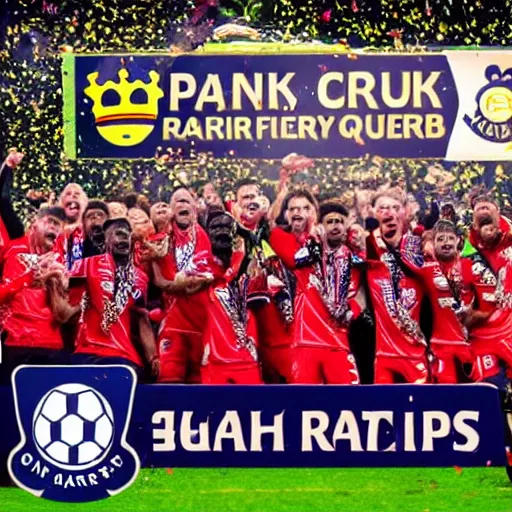 Prompt: queen's park rangers football club winning the premier League, realistic, detailed, HD, 8K, celebration everyone jubilant, super hoops,