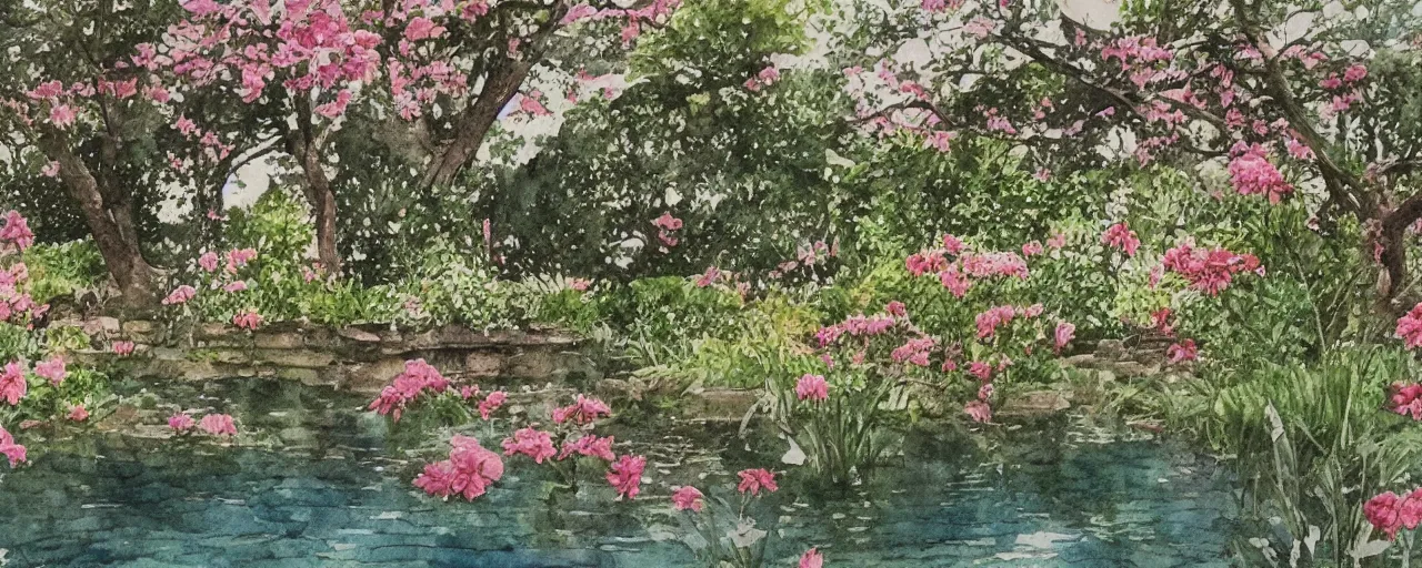 Image similar to isomeric view, delicate lake in a botanic garden, garden road, sparrows, temple in a botanical herbarium paper, watercolor colored painting, iridescent colors, 8 k, realistic shaded, fine details, artstation, italian style, colonnade, flowers, huge architecture