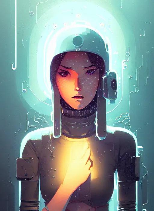 Image similar to highly detailed portrait of cyber girl, raining, by atey ghailan, by greg rutkowski, by greg tocchini, by james gilleard, by joe fenton, by kaethe butcher, gradient light blue, brown, blonde cream and white color scheme, grunge aesthetic