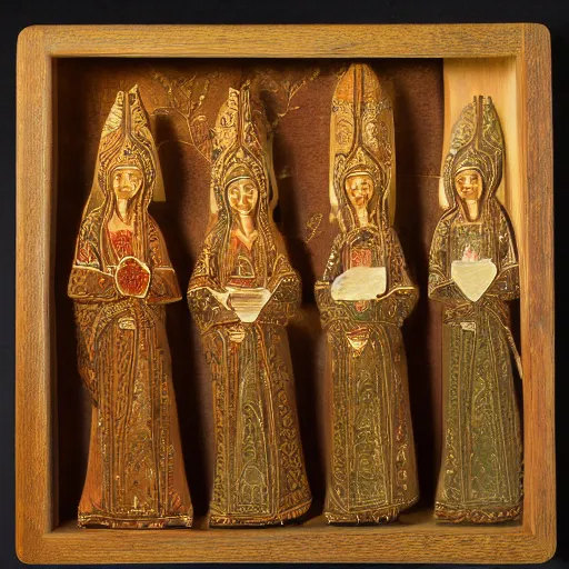 Image similar to Amazed 3 sisters of the congregation open the intricate wooden box, golden light shines on their faces while they open the lid, highly detailed