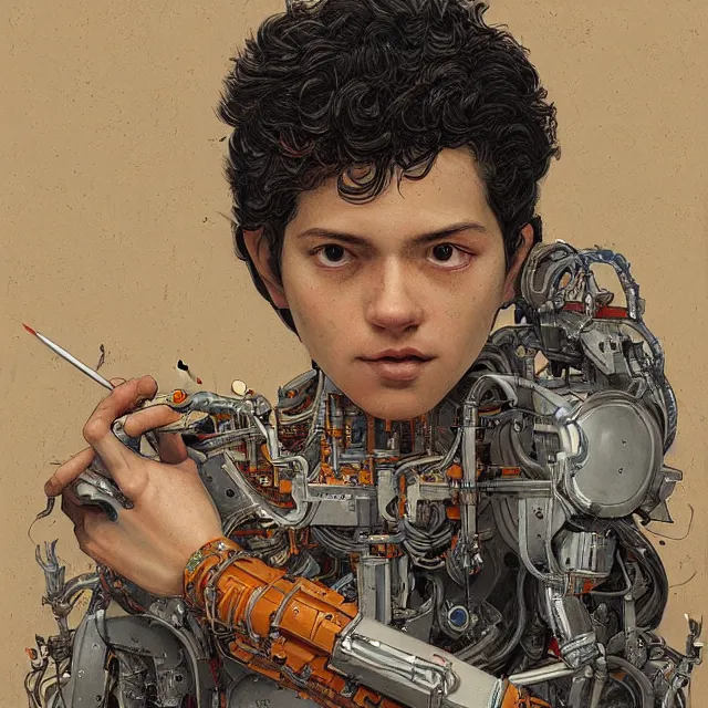 Image similar to robot artist painting a self - portrait on a canvas. intricate, highly detailed, digital matte painting, in the style of alexandros pyromallis, and in the style of sachin teng, and in the style of hans thoma, and in the style of donato giancola. irony, recursion, inspiration.