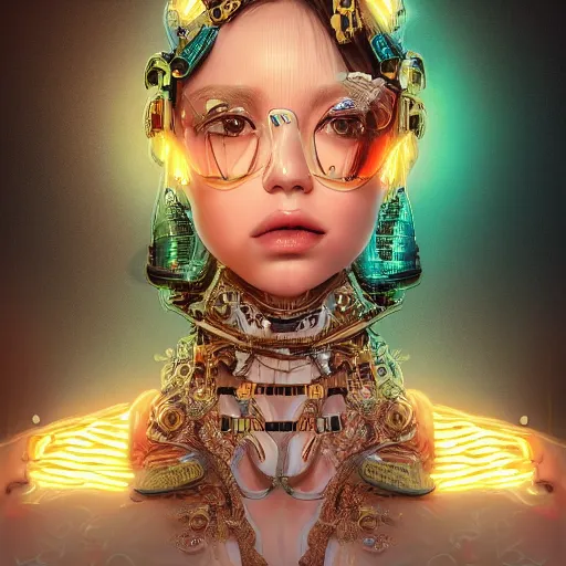 Image similar to the portrait of an absurdly graceful, sophisticated, fashionable ottomanpunk robotess idol, an ultrafine hyperdetailed illustration by kim jisu, intricate linework, neon wiring, porcelain skin, unreal engine 5 highly rendered, global illumination, radiant light, detailed and intricate environment, by wlop, artgerm