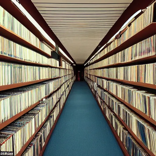 Prompt: the longest hall in the world, the shelves on the walls are full of records, compact discs and cassette tapes