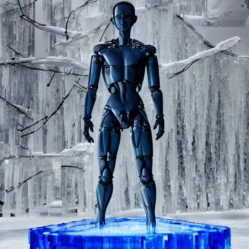 Image similar to made of ice, a realistic detailed photo of a guy who is an attractive humanoid who is half robot and half humanoid, who is a male android, on display, blank stare, showing off his muscles, shiny skin, posing like a statue, by the pool, frozen ice statue, twitch streamer / gamer ludwig, humanoid robot