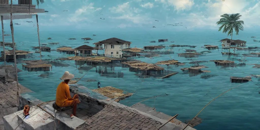 Prompt: fisherman fishing from a rooftop in a submerged sri lankan city, concept art, landscape