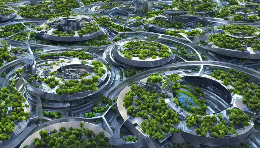 Image similar to futuristic ecological city with huge roundabouts, trees, crowded city, highways, hyperdetailed, artstation, cgsociety, 8 k