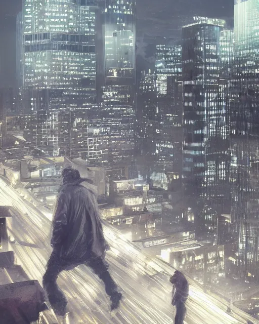 Image similar to a night rooftop scene, light from traffic in the city below, close up shot of a photorealistic gangster wearing a streetwear trench coat looking at the city below, unreal engine, hyper realism, realistic shading, cinematic composition, realistic render, octane render, detailed textures, by Liam Wong and Makoto Shinkai