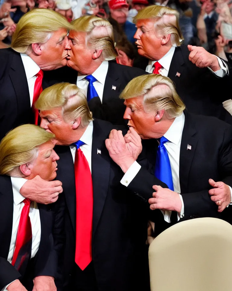 Image similar to high quality photo of donald trump kissing donald trump. donald trump kissing donald trump. donald trump kissing donald trump. donald trump and donald trump kissing. award winning. hq. hd. brilliant. funny