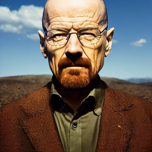 Prompt: a portrait of walter white with background scenery by juergen teller, iris van herpen