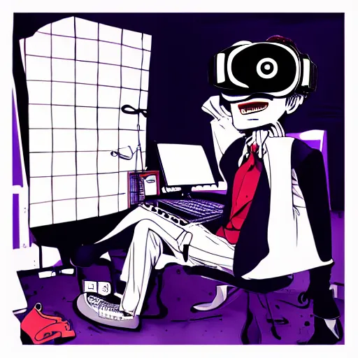 Image similar to goth computer nerd in a cluttered room wearing a vr headset, by jamie hewlett, anime,