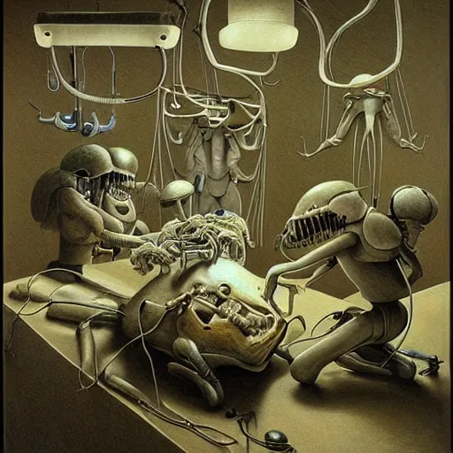 Prompt: a hyperrealistic painting of an alien surgery, robotic doctors, by john kenn mortensen and zdzislaw beksinski, highly detailed, vivid color,