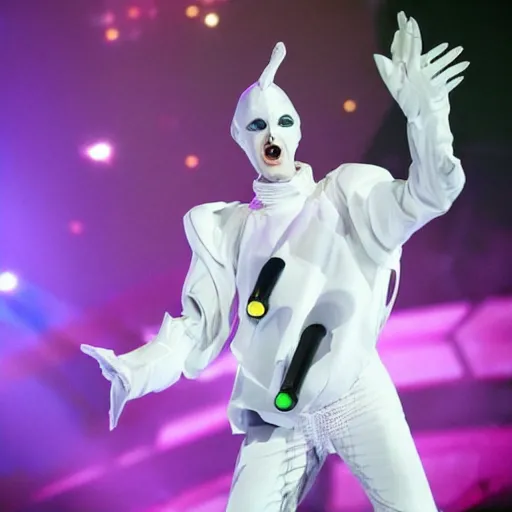Image similar to vitas singer wearing white alien costume, holding an intricate futuristic wand