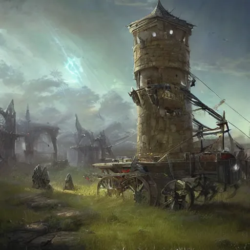 Image similar to a moving siege tower machine with cart wheels, crossbow on the tower, epic fantasy style art by Craig Mullins, fantasy epic digital art, epic fantasy card game art by Greg Rutkowski