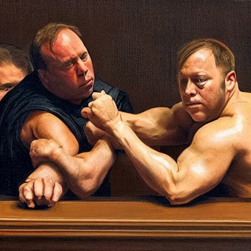 Image similar to alex jones fighting alex jones in a courtroom, golden ratio, renaissance painting,