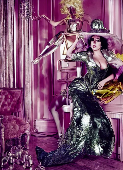 Image similar to lady gaga styled by david lachapelle posing in an expensive mansion setting , vogue magazine, Highly realistic. High resolution. Highly detailed. Dramatic. 8k.4k.