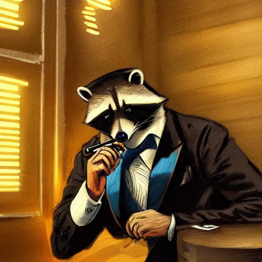 Image similar to a racoon wearing a suit smoking a cigar on his mouth, dramatic lighting, cinematic, establishing shot, extremly high detail, photorealistic, cinematic lighting, artstation, style by James Gurney