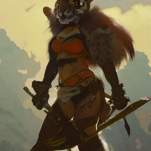 Prompt: female warrior in furry tiger helmet character. Renowned character illustration by greg rutkowski, thomas kindkade, alphonse mucha, loish, norman rockwell. Trending on artstation.