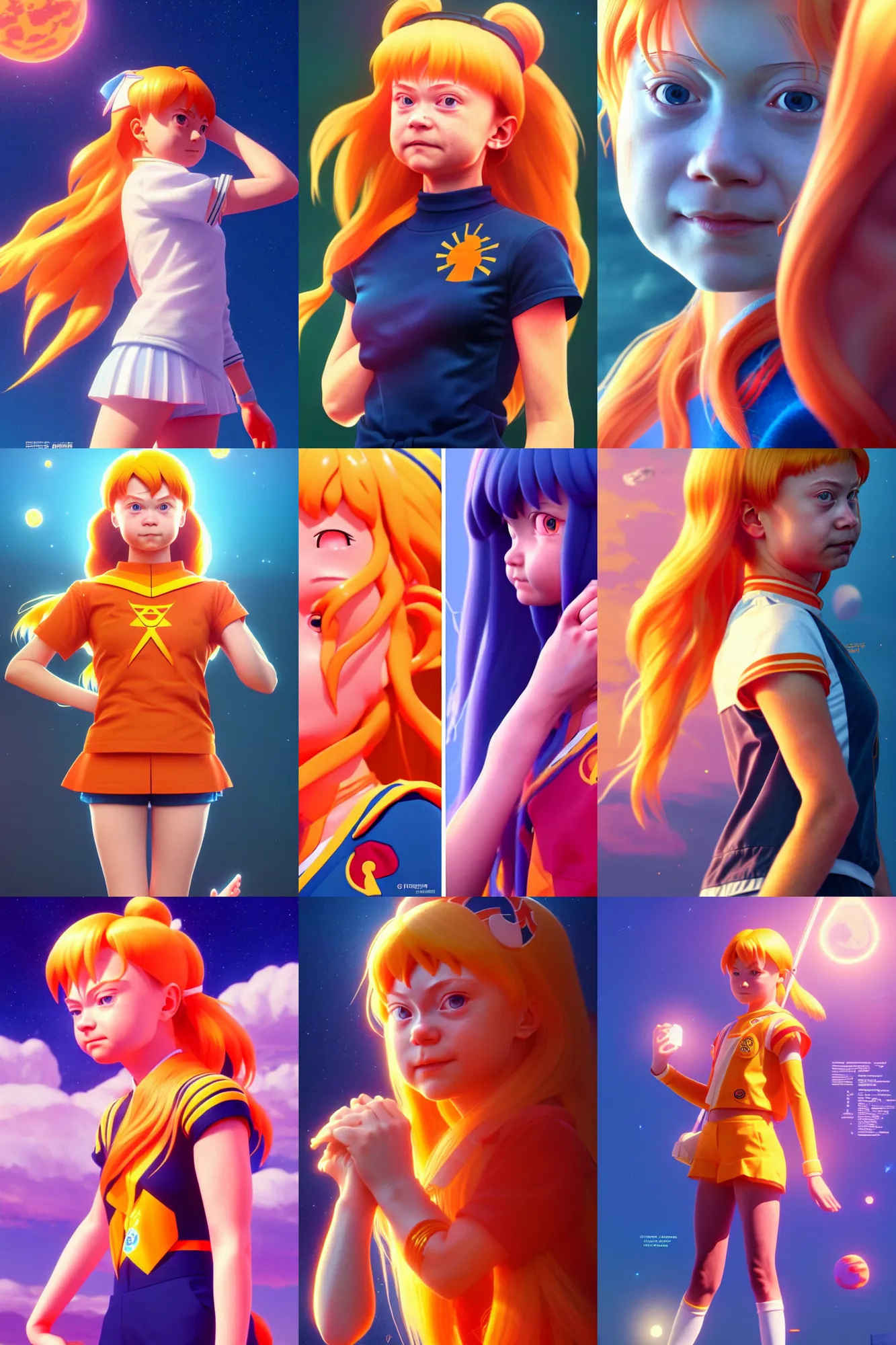 Prompt: Greta Thunberg changing into tight fitting Sailor Venus uniform, hyperrealistic and highly detailed, sharp focus and octane render, 8k, volumetric lighting, digital art by Ilya Kuvshinov and Ross Tran, artstation