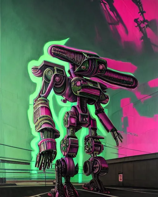 Prompt: hyperrealistic hyperdetailed graffiti! mecha iridescent pink fighting!! aliens concept art santiago caruso de chirico sharp very dramatic green light 8k low angle shallow depth of field
