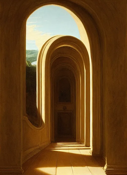 Image similar to a thomas cole painting of a hallway with round arches decorated by wes anderson