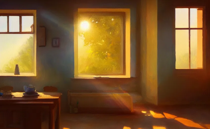 Image similar to happy morning and the rays of the morning sun shining through the window of the village house. very beautiful, clear sky, warm colors, oil painting, high detail, trending on artstation