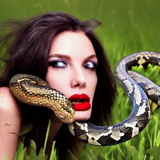 Image similar to realistic photograph of a snake crawling out of a woman's mouth (red lipstick) in a space suit amongst a vast field of start