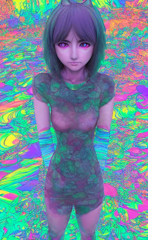 Prompt: a vibrant psychedelic sculpture of a kawaii anime catgirl made of nacre by gustave dore and junji ito, 3 dsmax, low key photography