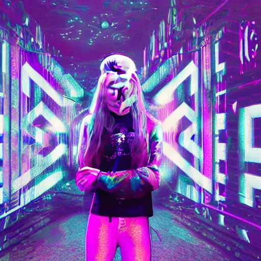 Prompt: cinematic render of Grimes in a large room with holographic letters and numbers