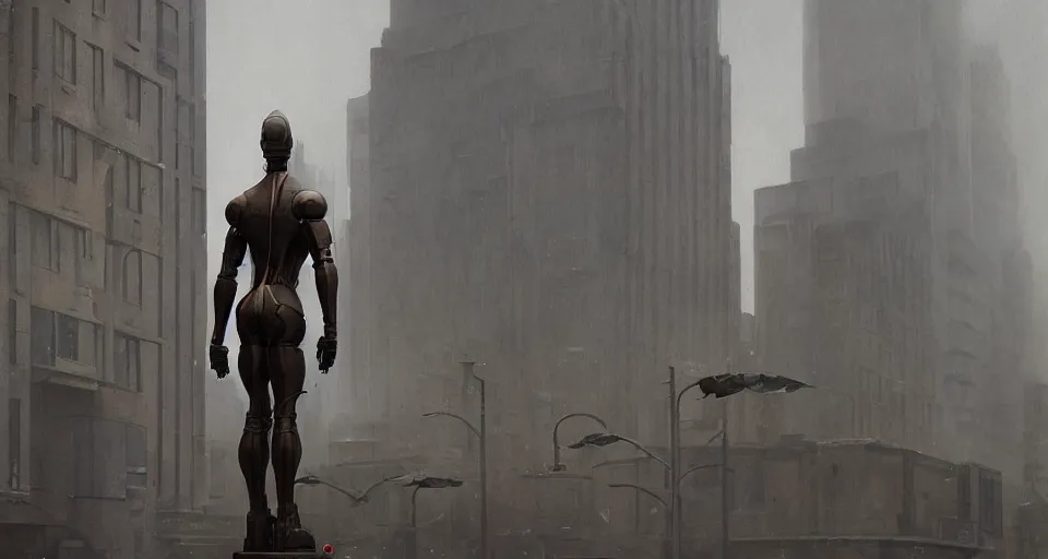 Image similar to cyborg bronze statue stands in the city center. art deco architecture. photorealism, soft light, morning. by greg rutkowski, frank lloyd wright, shaun tan. hyperrealism, dusty, moody, high detail, artstation, digital painting, unreal engine, tonal color scheme.