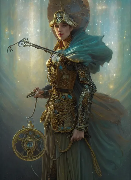 Image similar to hyper realistic knight casting a spell, refined details, denoised, birds eye view, magical, gems, jewels, gold, steampunk, cyberpunk utopia, painted by tom bagshaw, mucha, gaston bussiere, craig mullins, j. c. leyendecker 8 k