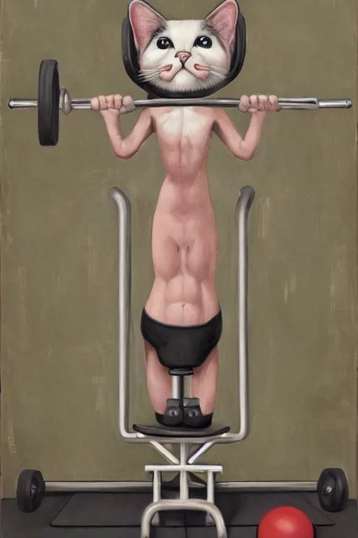 Image similar to anthro cat working out in the gym, an ultrafine detailed painting by mark ryden, trending on deviantart, pop surrealism, whimsical, lowbrow, grotesque