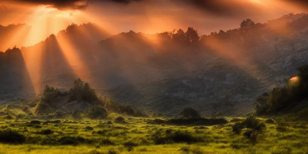 Image similar to twilight cinematic landscape atmospheric god-rays!! national geographic award winning