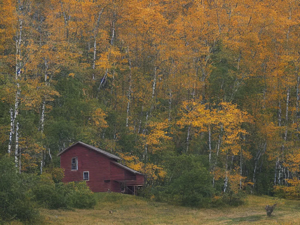 Prompt: a high cotton birch at fall, twilight lighting, moody, atmospheric, on the tiny old farm house made of wood inside a boulder, with a front porch, on the lonely hill by Ghibli Studio and Victor Ngai