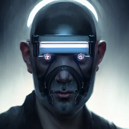 Image similar to Portrait of a man by Greg Rutkowski, symmetrical face, an young man with a VR Heaset covering his eyes, Kubric Stare, cold, twisted and sinister smile, highly detailed portrait, scifi, digital painting, artstation, book cover, cyberpunk, concept art, smooth, sharp foccus ilustration, Artstation HQ