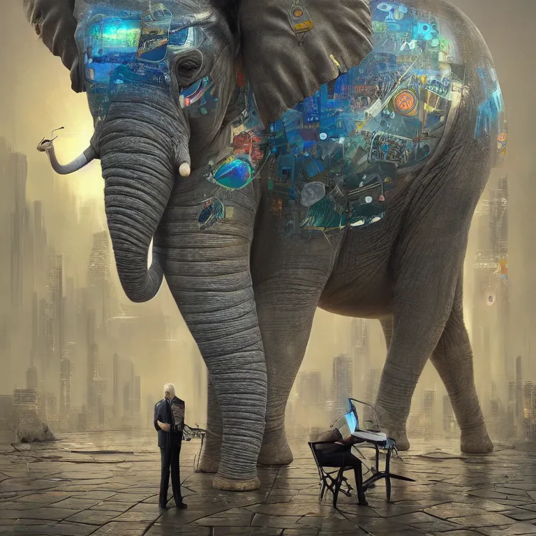 Prompt: cyberpunk elephant, surrealist painting by igor morski, gediminas pranckevicius, beeple, ornament, porcelain, super - resolution, soft lighting, ray tracing global illumination, in a symbolic and meaningful style