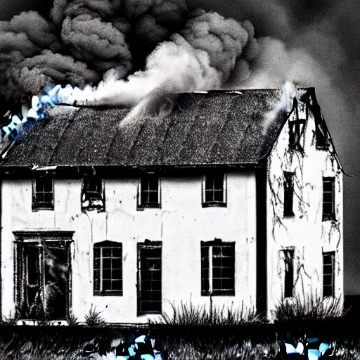 Image similar to black and white storybook illustration of an abandoned house burning, storybook illustration, monochromatic, black and white