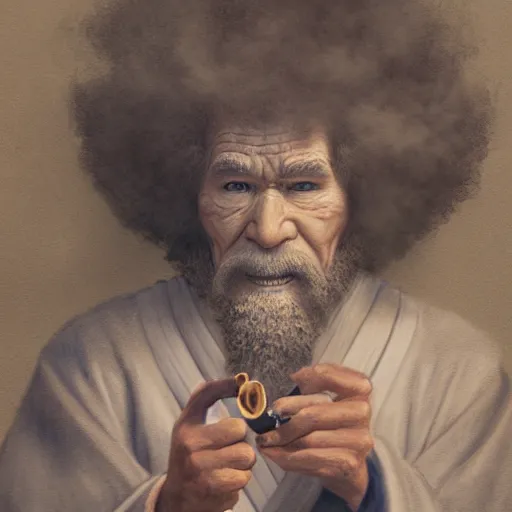 Prompt: an ultra detailed matte painting of bob ross smoking a pipe and dressed as a wandering samurai, edo japan, concept art by jeong seon and greg rutkowski, octane render, 8 k, detailed face