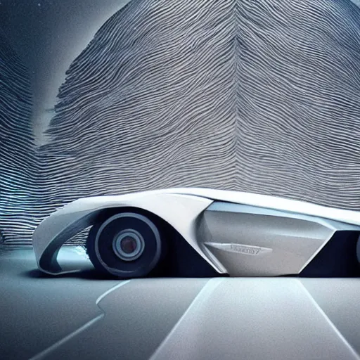 Image similar to sci-fi organic zaha hadid car 30% size and wall structure in the coronation of napoleon painting by Jacques-Louis David and in the blade runner 2049 film search pinterest keyshot product render 4k in dark plastic