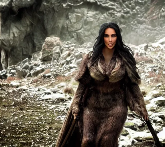 Image similar to a movie still of kim kardashian in the movie the hobbit