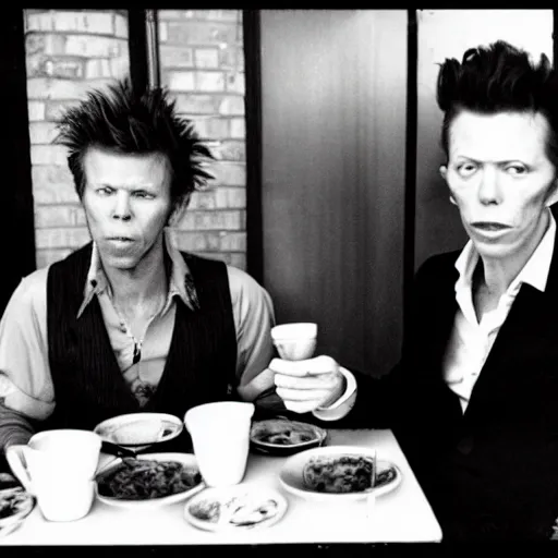 Image similar to tom waits and david bowie having breakfast at a diner, two shot angle, black and white