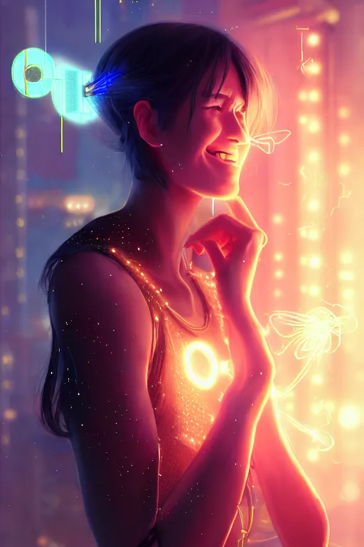 Image similar to portrait futuristic wizard Girl with fire and sparkles and firefly, lovely smile, in future cyberpunk tokyo rooftop , ssci-fi, fantasy, intricate, very very beautiful, elegant, human anatomy, human structure, neon light, highly detailed, digital painting, artstation, concept art, smooth, sharp focus, illustration, art by tian zi and WLOP and alphonse mucha