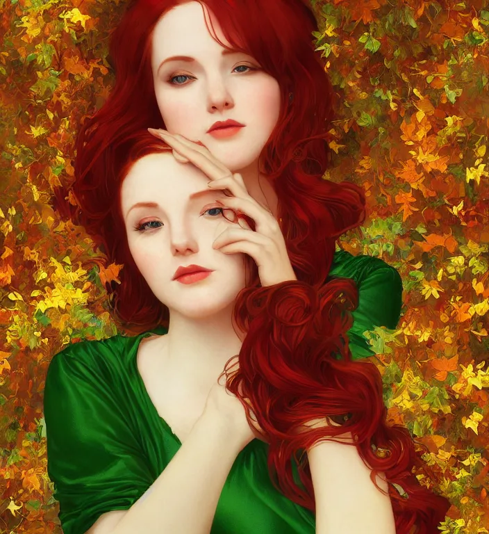 Prompt: portrait of a red haired woman wearing a green satin dress with fine gold filigree, autumn leaves falling, dramatic volumetric lighting, god rays, global illumination, soft, sharp focus, ivy, masterpiece, moss, trending on artstation, concept art by artgerm and Alphonse Mucha and Ryan Lang