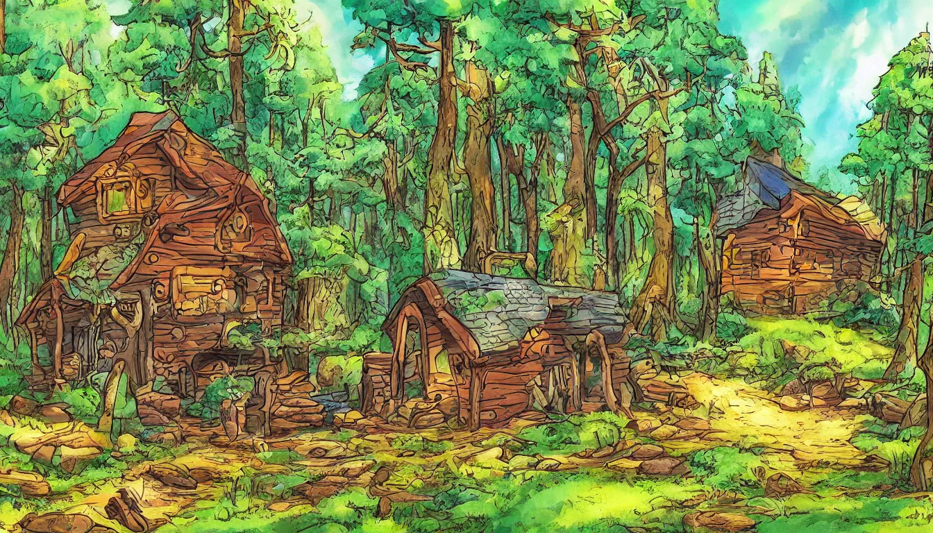 Prompt: a clearing in a forest with a cabin, Disney cartoon, animation, high detail, colorful