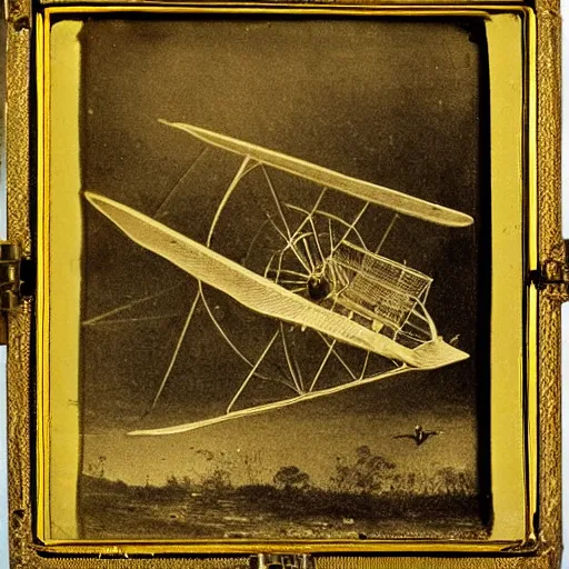 Prompt: 1800 photograph, daguerreotype, Leonardo Da Vinci's flying machine driven by a woman, High definition, volumetric light, detailed details,