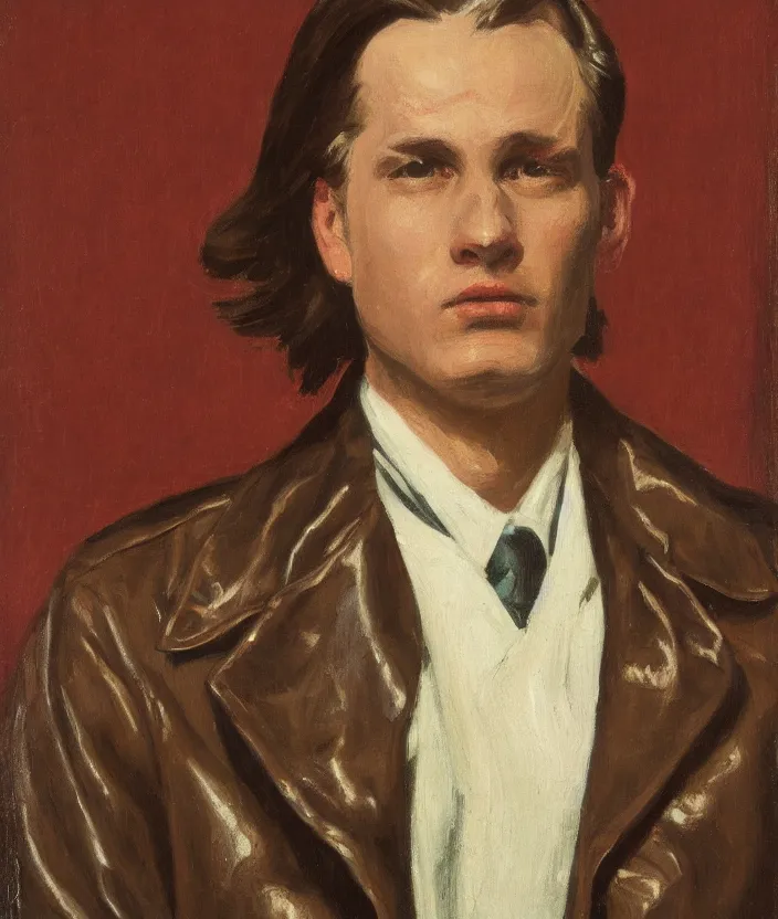 Image similar to a very detailed portrait of a man, wearing an 8 0 s jacket with big shoulder pads, very aesthetic leather jacket, detailed closeup of leather jacket, front view, in the style of edward hopper and oswald hornby joseph birley and susan ryder, very small brushstrokes, 4 k,