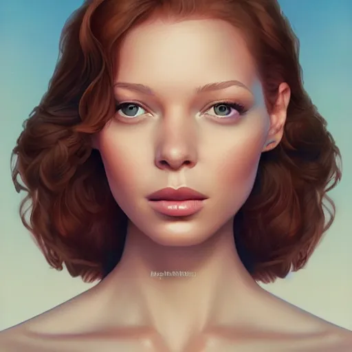 Image similar to a beautiful scenic painting of a beautiful young woman that looks like rebecca ferguson by artgerm and wlop and wes anderson and spike jonze